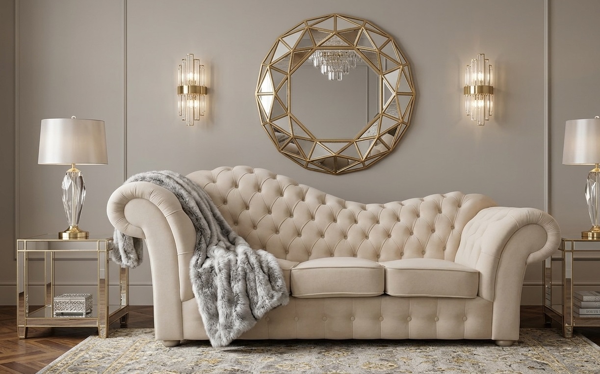 sofa glamour wave w eleganckim wnętrzu w tym samym stylu, nad sofą duże okrągłe lustro